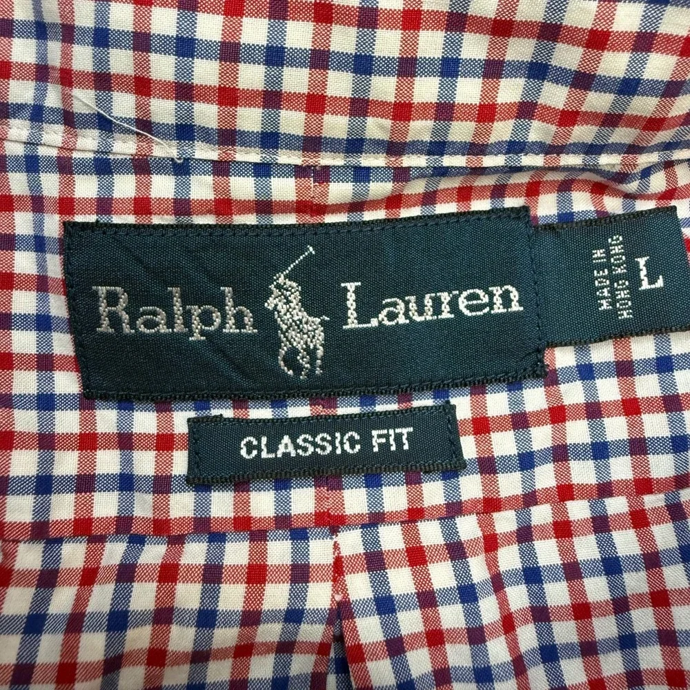 VTG Polo Ralph Lauren Shirt Mens Large Red White Blue Check Cotton Poplin Preppy